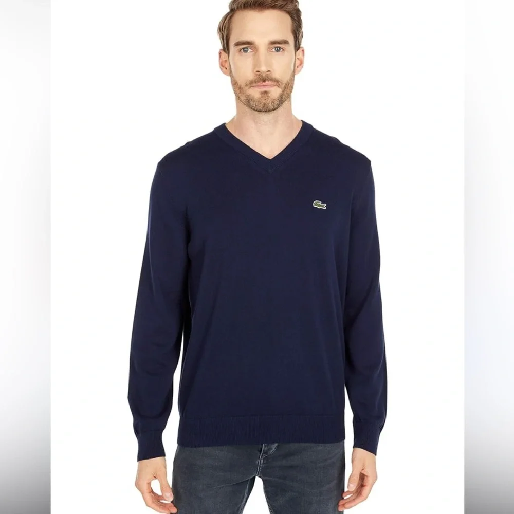 Lacoste men’s v- neck navy blue pullover cotton sweater - Picture 2 of 10